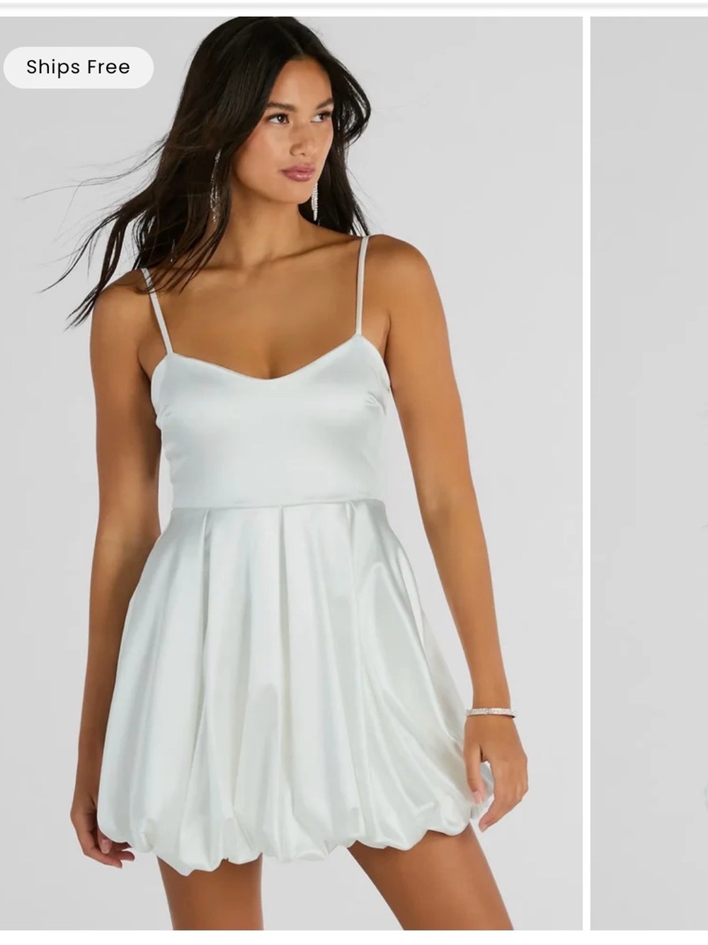 Windsor White Satin Spaghetti Strap Bubble-Hem Mini Dress